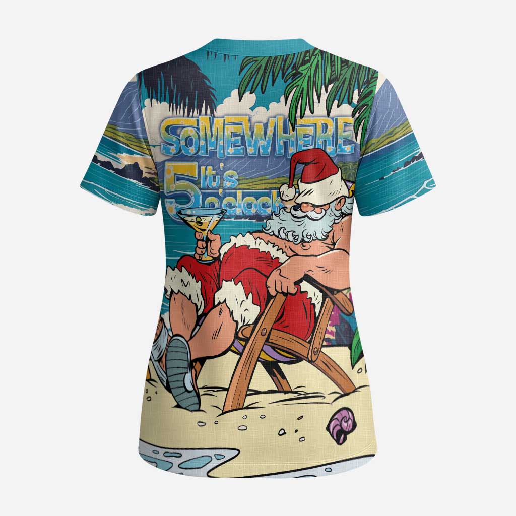 Mele Kalikimaka Hawaii It's 5 o'clock Somewhere Scrub Top Funny Lazy Santa Claus Chilling with Cocktail - Polynesian Pride