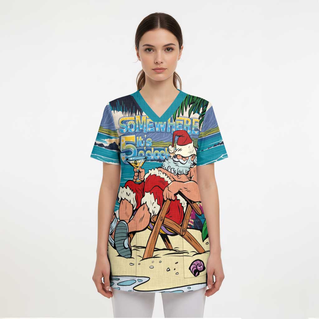 Mele Kalikimaka Hawaii It's 5 o'clock Somewhere Scrub Top Funny Lazy Santa Claus Chilling with Cocktail - Polynesian Pride