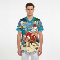 Mele Kalikimaka Hawaii It's 5 o'clock Somewhere Scrub Top Funny Lazy Santa Claus Chilling with Cocktail - Polynesian Pride