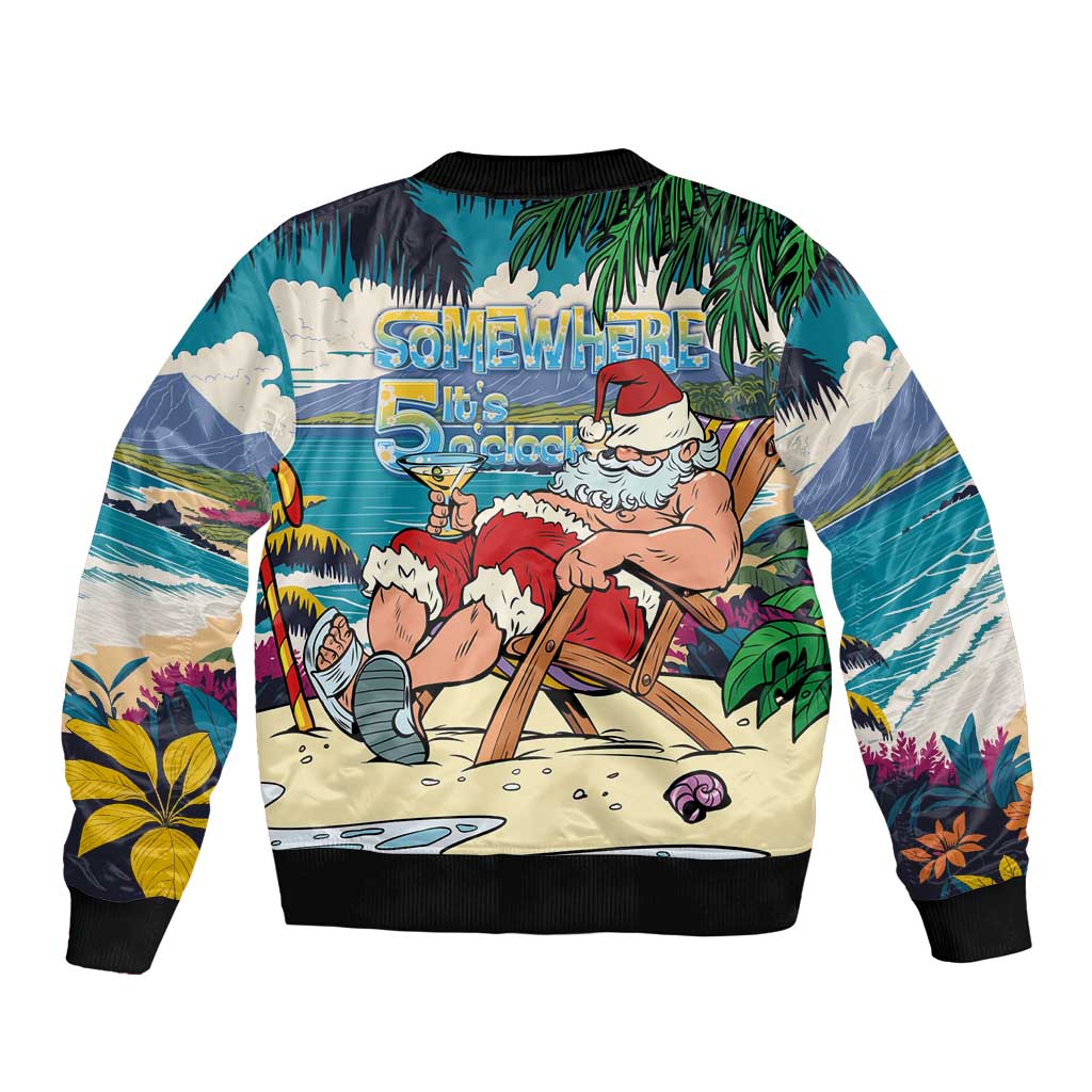 Mele Kalikimaka Hawaii It's 5 o'clock Somewhere Sleeve Zip Bomber Jacket Funny Lazy Santa Claus Chilling with Cocktail - Polynesian Pride