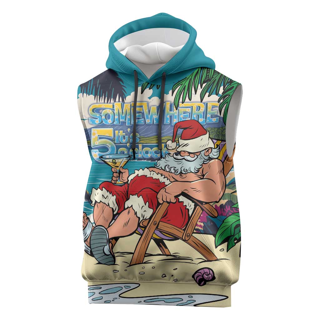 Mele Kalikimaka Hawaii It's 5 o'clock Somewhere Sleeveless Hoodie Funny Lazy Santa Claus Chilling with Cocktail - Polynesian Pride