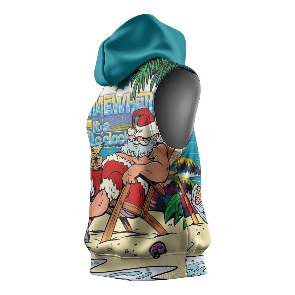 Mele Kalikimaka Hawaii It's 5 o'clock Somewhere Sleeveless Hoodie Funny Lazy Santa Claus Chilling with Cocktail - Polynesian Pride