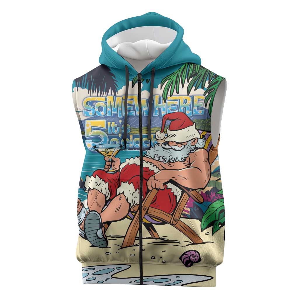 Mele Kalikimaka Hawaii It's 5 o'clock Somewhere Sleeveless Zip Hoodie Funny Lazy Santa Claus Chilling with Cocktail - Polynesian Pride