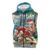 Mele Kalikimaka Hawaii It's 5 o'clock Somewhere Sleeveless Zip Hoodie Funny Lazy Santa Claus Chilling with Cocktail - Polynesian Pride