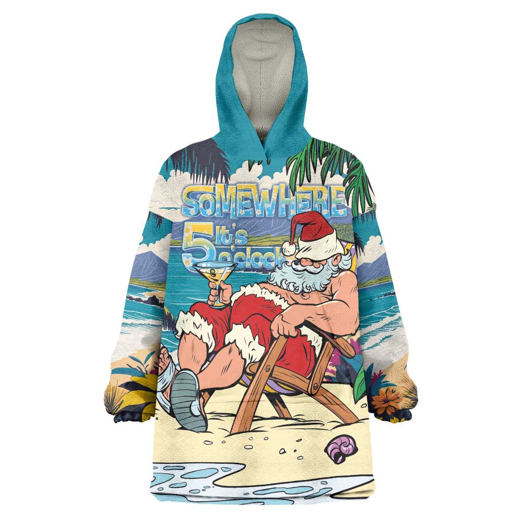 Mele Kalikimaka Hawaii It's 5 o'clock Somewhere Wearable Blanket Hoodie Funny Lazy Santa Claus Chilling with Cocktail - Polynesian Pride