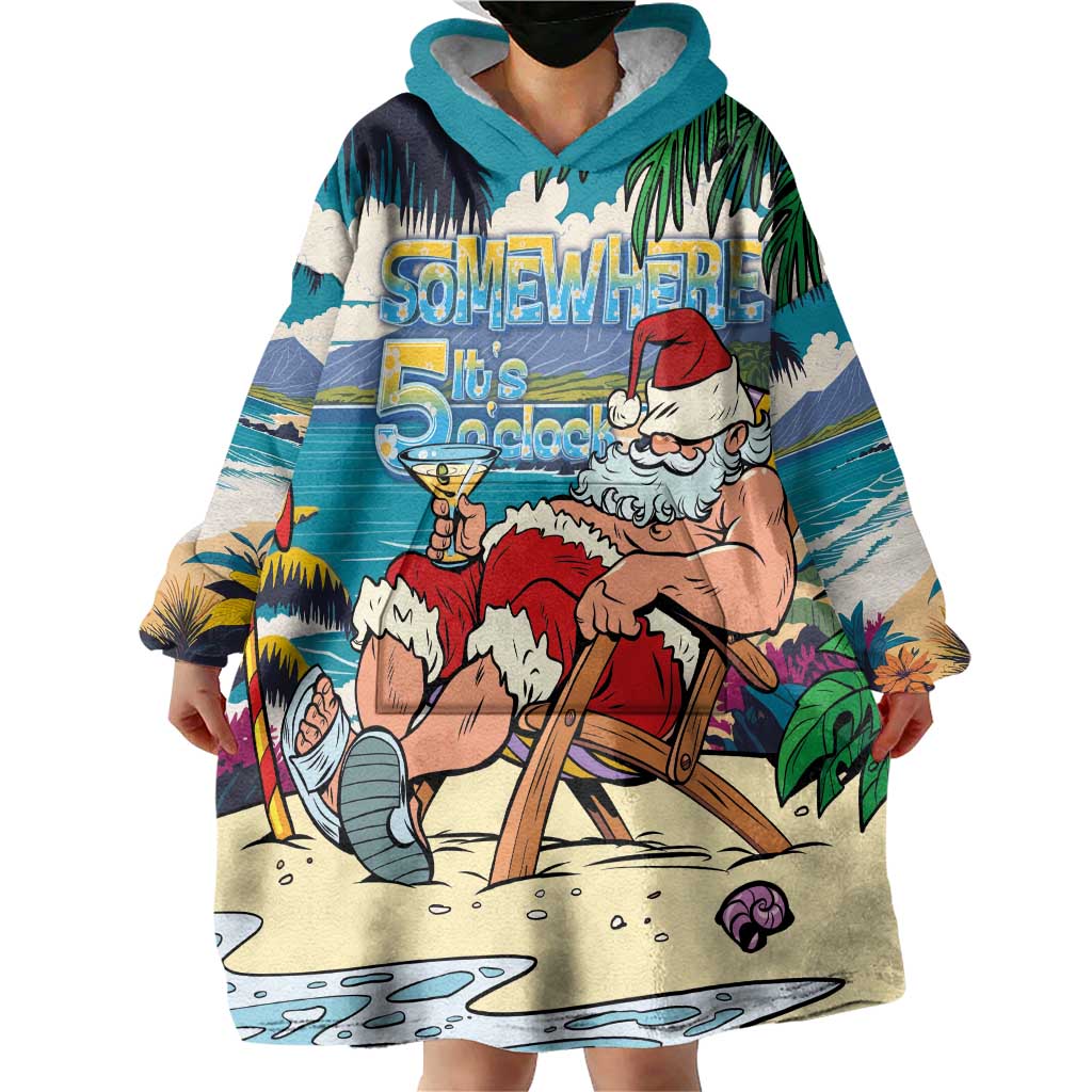 Mele Kalikimaka Hawaii It's 5 o'clock Somewhere Wearable Blanket Hoodie Funny Lazy Santa Claus Chilling with Cocktail - Polynesian Pride