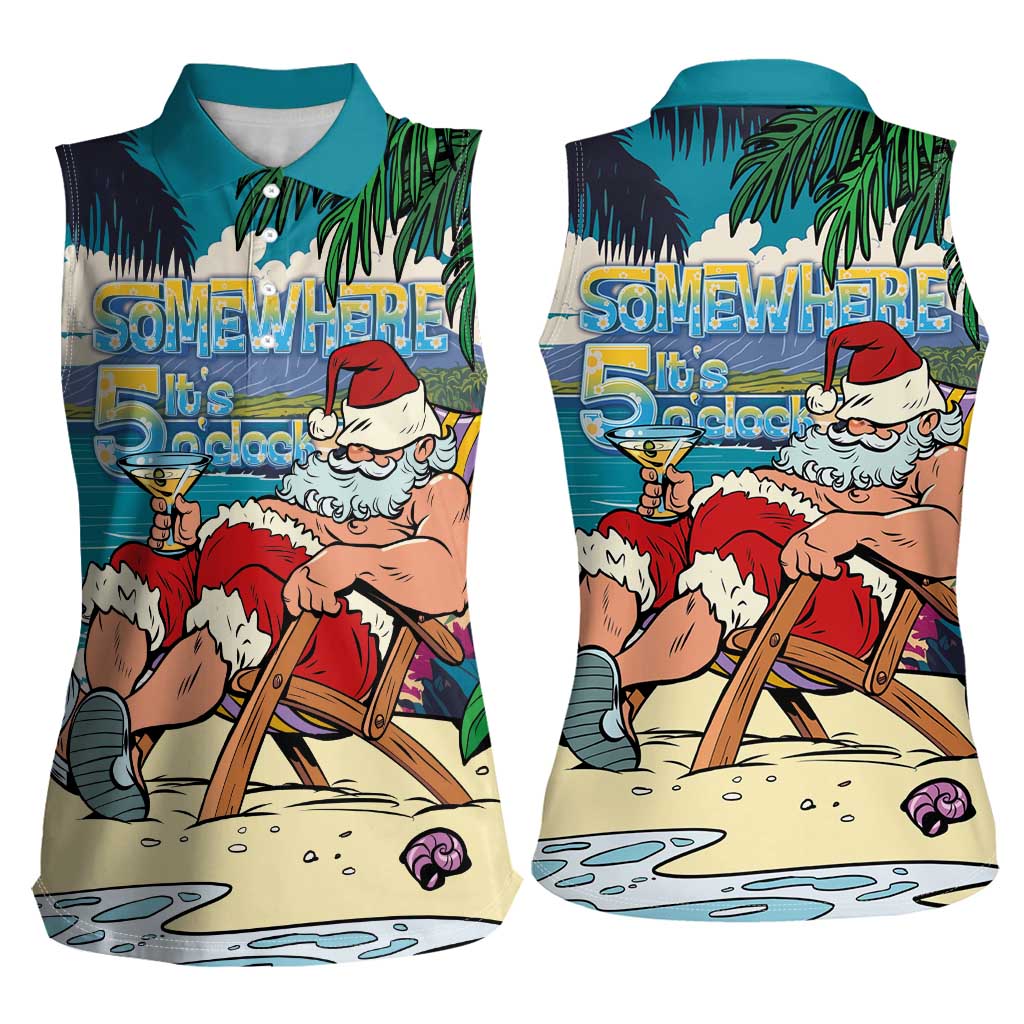 Mele Kalikimaka Hawaii It's 5 o'clock Somewhere Women Sleeveless Polo Shirt Funny Lazy Santa Claus Chilling with Cocktail - Polynesian Pride