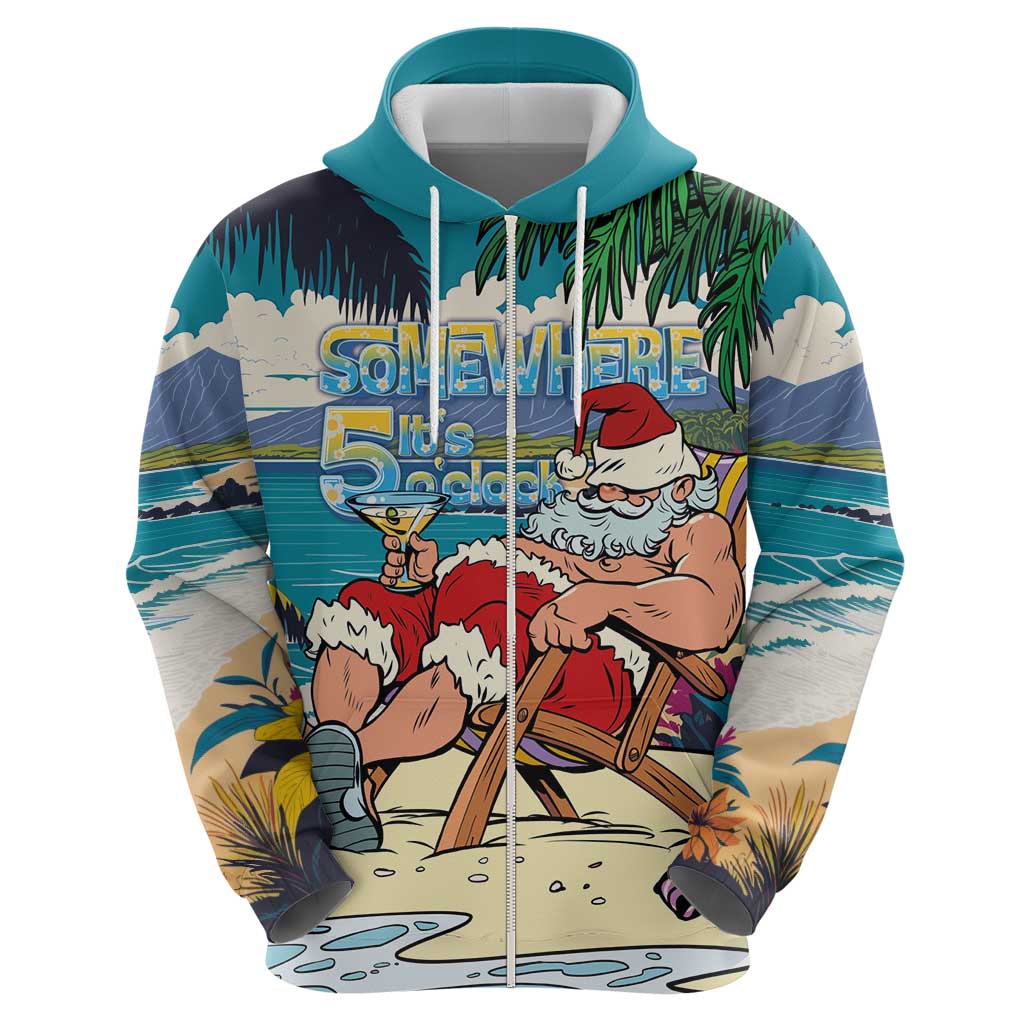 Mele Kalikimaka Hawaii It's 5 o'clock Somewhere Zip Hoodie Funny Lazy Santa Claus Chilling with Cocktail - Polynesian Pride