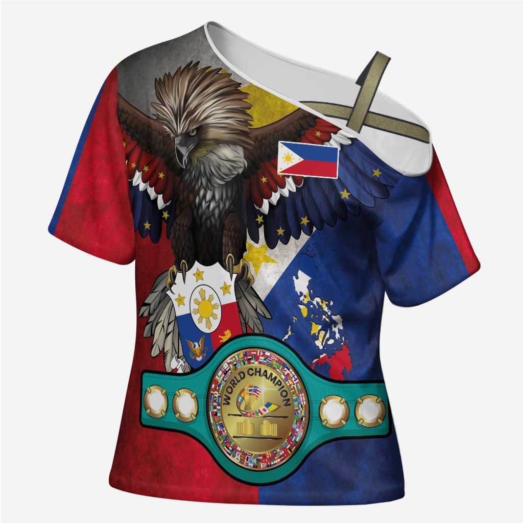 Custom Philippines World Champion Boxing Cross Shoulder Shirt Eagle-Grunge Design - Polynesian Pride