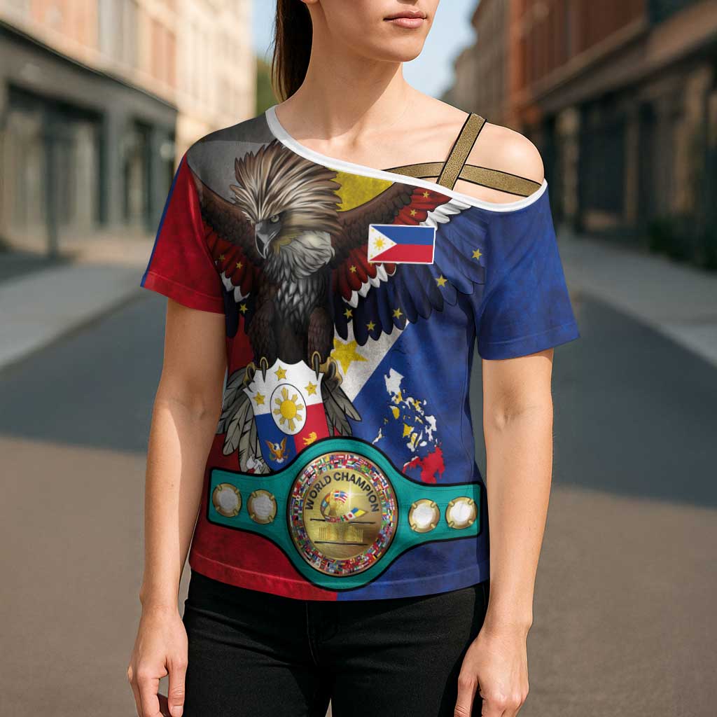 Custom Philippines World Champion Boxing Cross Shoulder Shirt Eagle-Grunge Design - Polynesian Pride