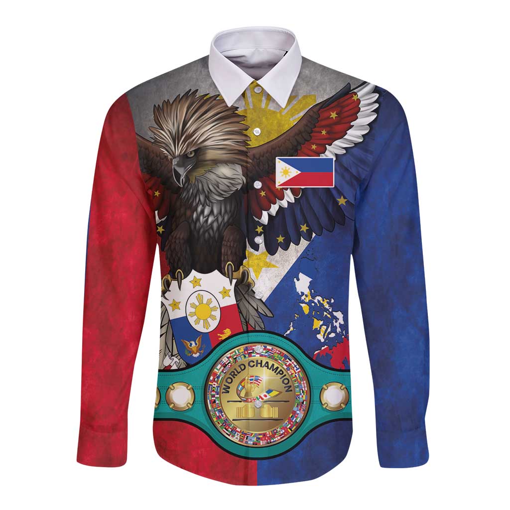 Custom Philippines World Champion Boxing Long Sleeve Button Shirt Eagle-Grunge Design - Polynesian Pride