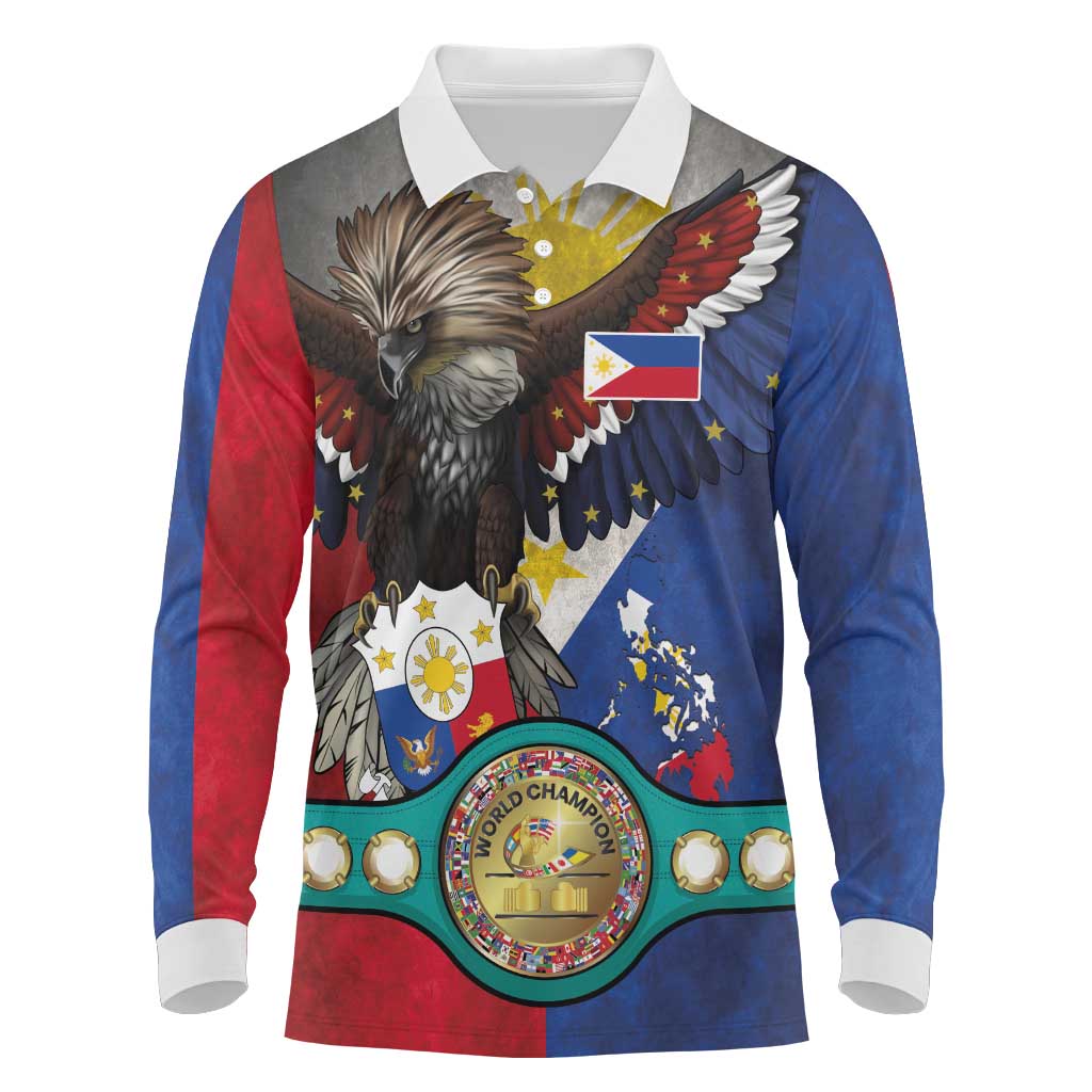 Custom Philippines World Champion Boxing Long Sleeve Polo Shirt Eagle-Grunge Design LT03 Multicolor - Polynesian Pride