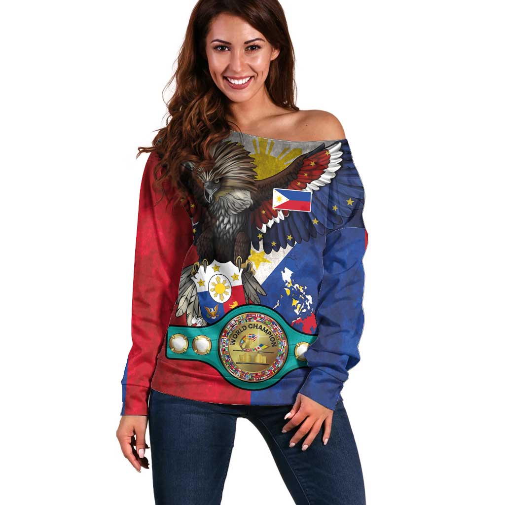 Custom Philippines World Champion Boxing Off Shoulder Sweater Eagle-Grunge Design - Polynesian Pride