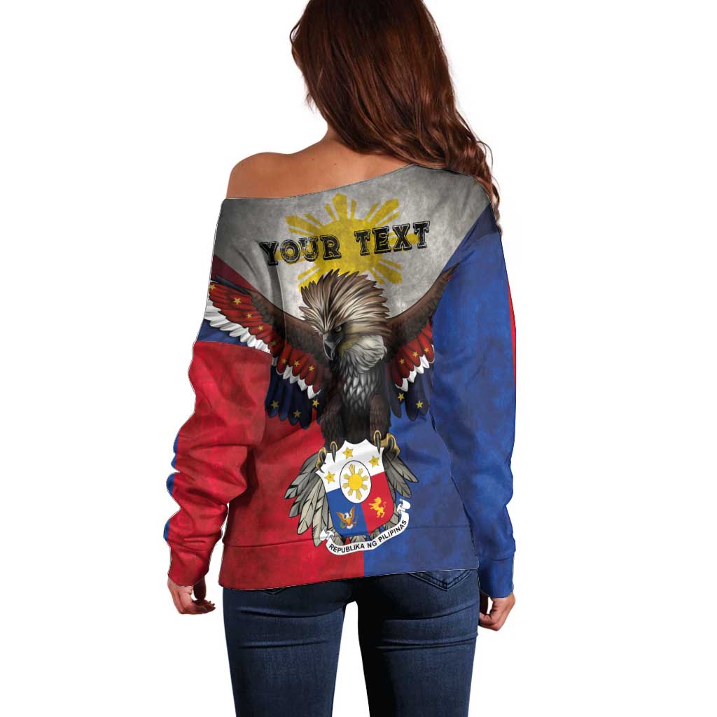 Custom Philippines World Champion Boxing Off Shoulder Sweater Eagle-Grunge Design - Polynesian Pride
