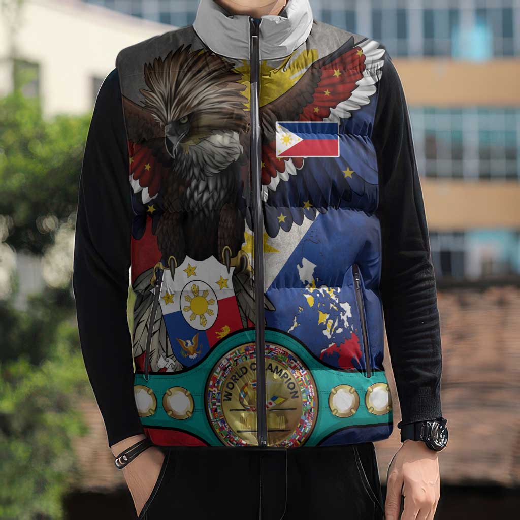 Custom Philippines World Champion Boxing Sleeveless Puffer Jacket Eagle-Grunge Design - Polynesian Pride