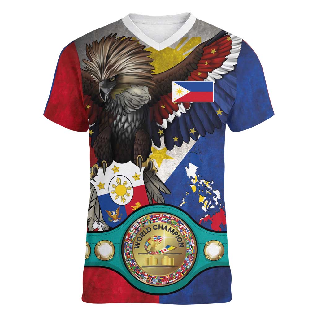 Custom Philippines World Champion Boxing Women V-Neck T-Shirt Eagle-Grunge Design - Polynesian Pride