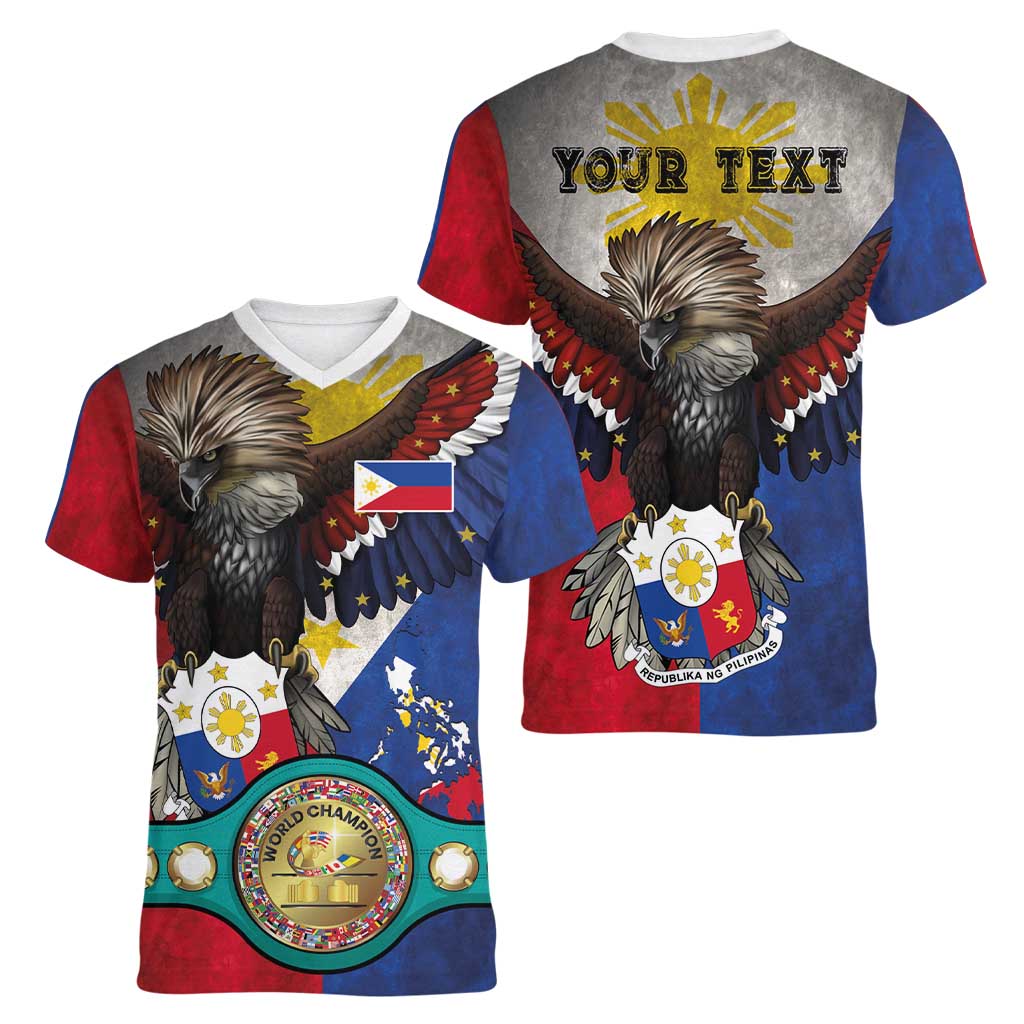 Custom Philippines World Champion Boxing Women V-Neck T-Shirt Eagle-Grunge Design - Polynesian Pride