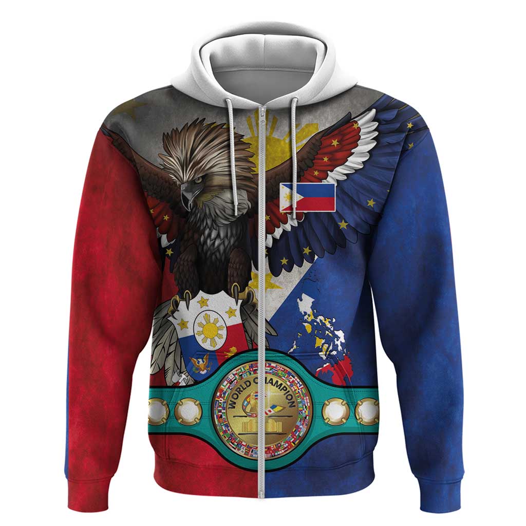 Custom Philippines World Champion Boxing Zip Hoodie Eagle-Grunge Design - Polynesian Pride