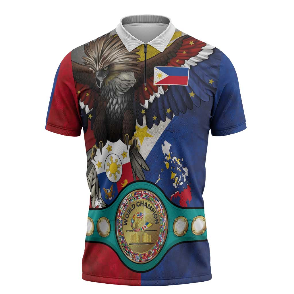 Custom Philippines World Champion Boxing Zipper Polo Shirt Eagle-Grunge Design - Polynesian Pride
