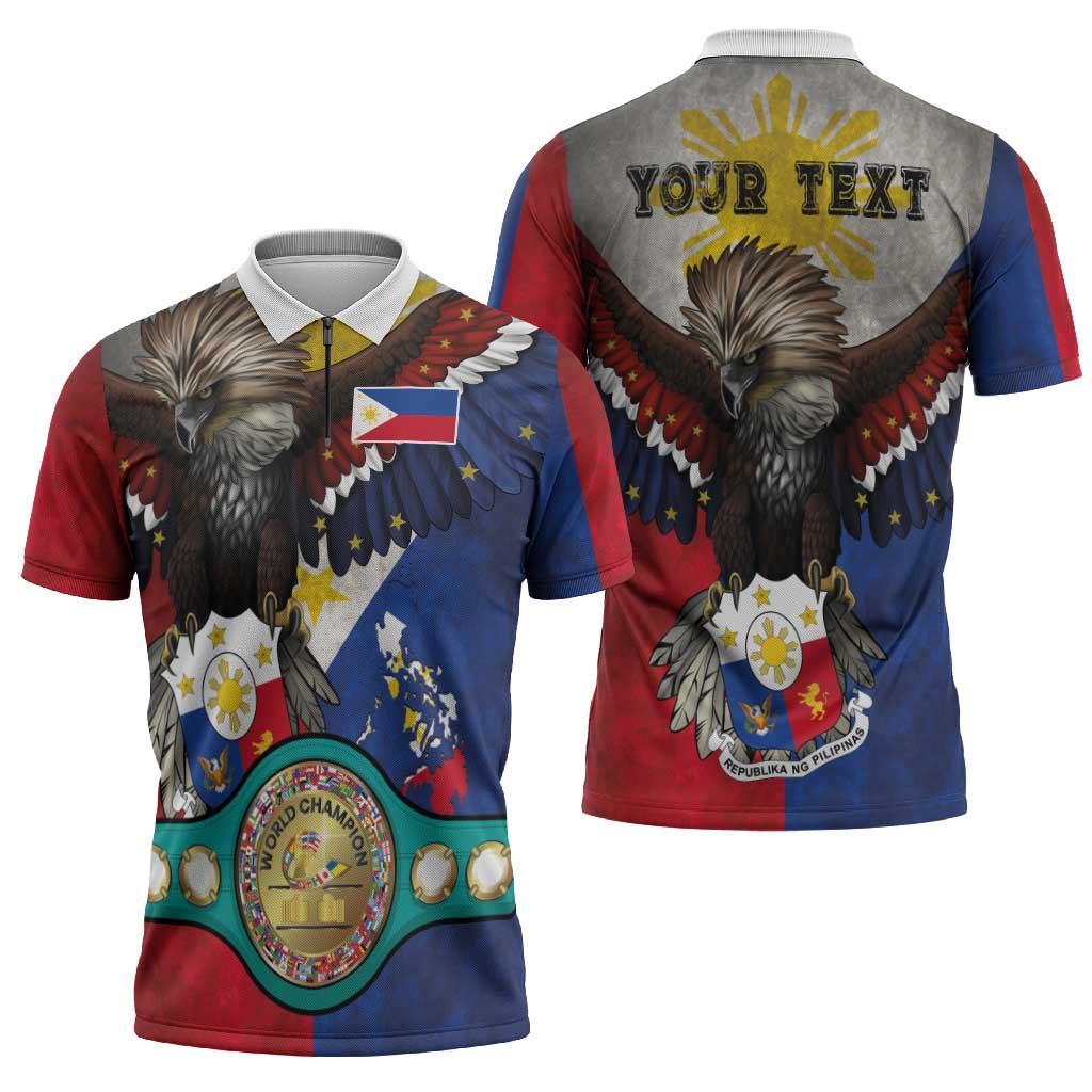 Custom Philippines World Champion Boxing Zipper Polo Shirt Eagle-Grunge Design - Polynesian Pride