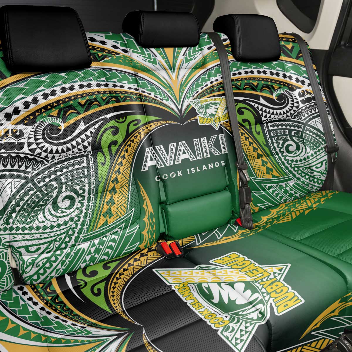Cook Islands Rugby League Back Car Seat Cover Avaiki Tatau Tribal Motifs Black Color - Polynesian Pride