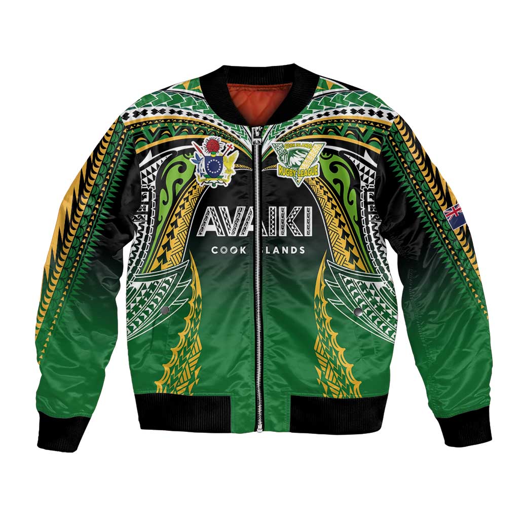 Custom Cook Islands Rugby League Bomber Jacket Avaiki Tatau Tribal Motifs Black Color - Polynesian Pride