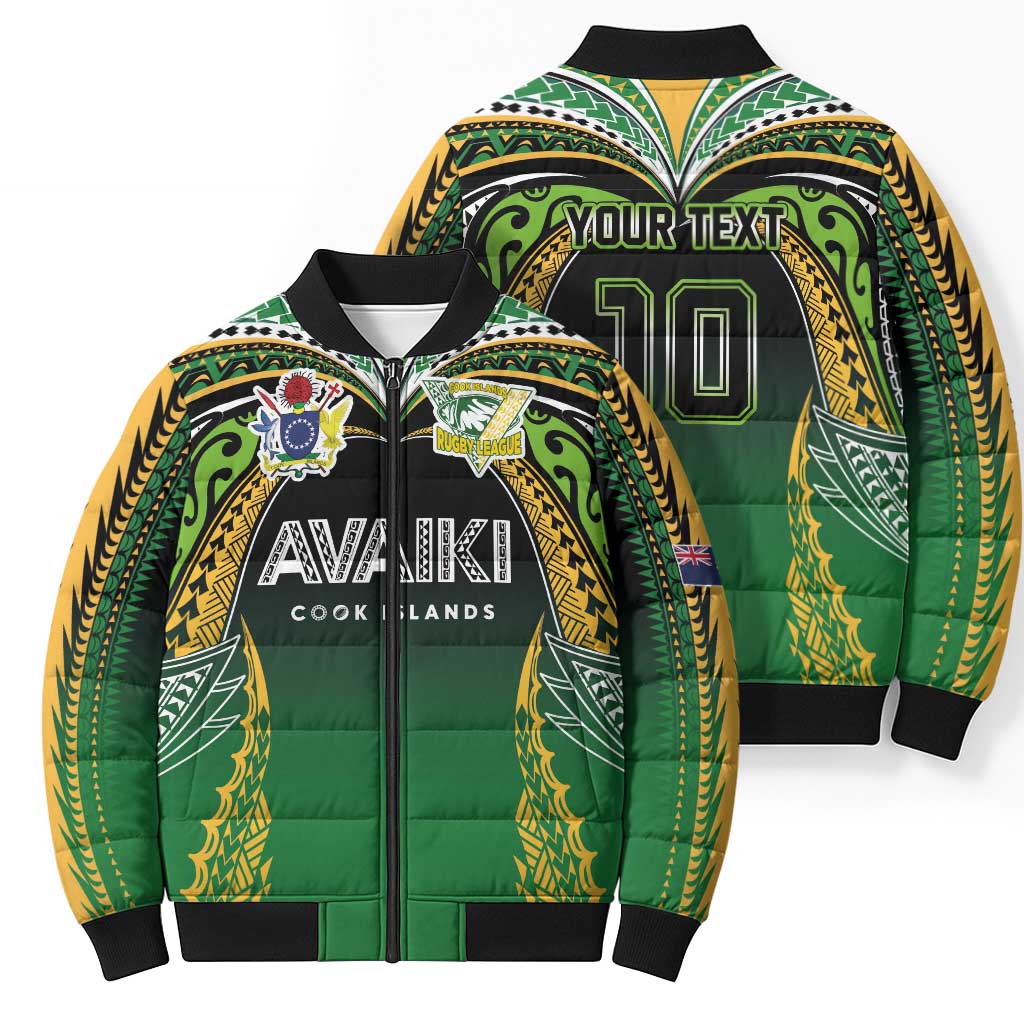 Custom Cook Islands Rugby League Bomber Puffer Jacket Avaiki Tatau Tribal Motifs Black Color - Polynesian Pride