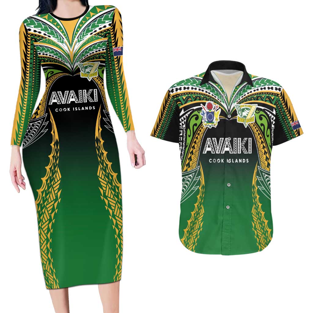 Custom Cook Islands Rugby League Couples Matching Long Sleeve Bodycon Dress and Hawaiian Shirt Avaiki Tatau Tribal Motifs Black Color - Polynesian Pride