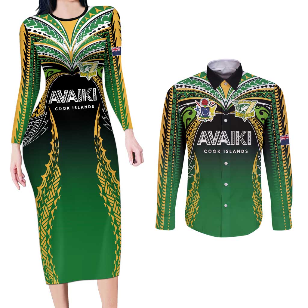 Custom Cook Islands Rugby League Couples Matching Long Sleeve Bodycon Dress and Long Sleeve Button Shirt Avaiki Tatau Tribal Motifs Black Color - Polynesian Pride