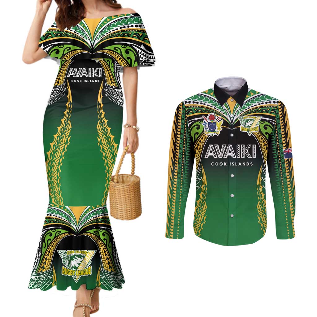 Custom Cook Islands Rugby League Couples Matching Mermaid Dress and Long Sleeve Button Shirt Avaiki Tatau Tribal Motifs Black Color - Polynesian Pride