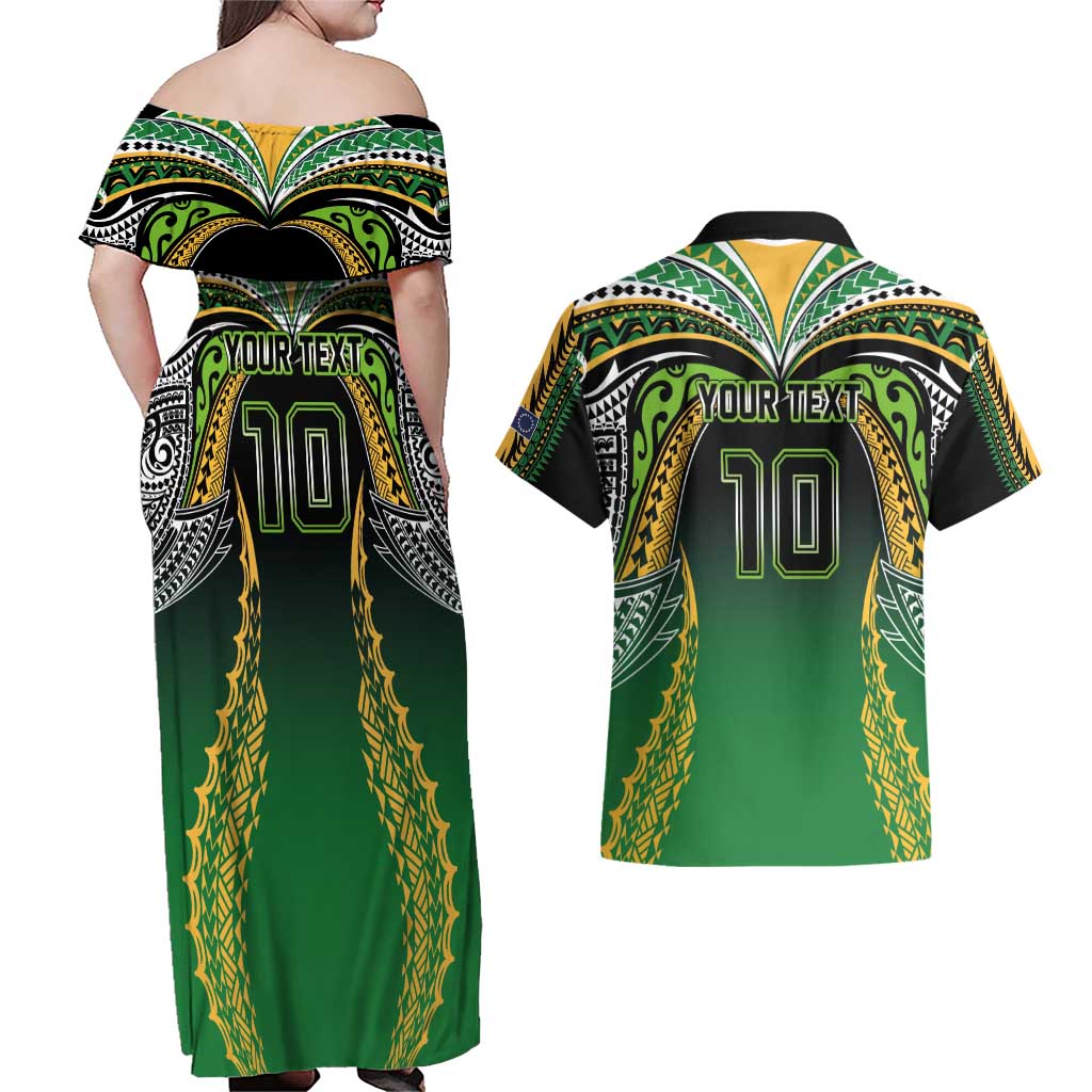 Custom Cook Islands Rugby League Couples Matching Off Shoulder Maxi Dress and Hawaiian Shirt Avaiki Tatau Tribal Motifs Black Color - Polynesian Pride