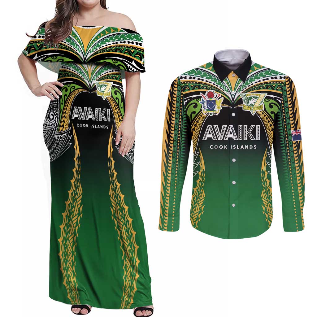 Custom Cook Islands Rugby League Couples Matching Off Shoulder Maxi Dress and Long Sleeve Button Shirt Avaiki Tatau Tribal Motifs Black Color - Polynesian Pride