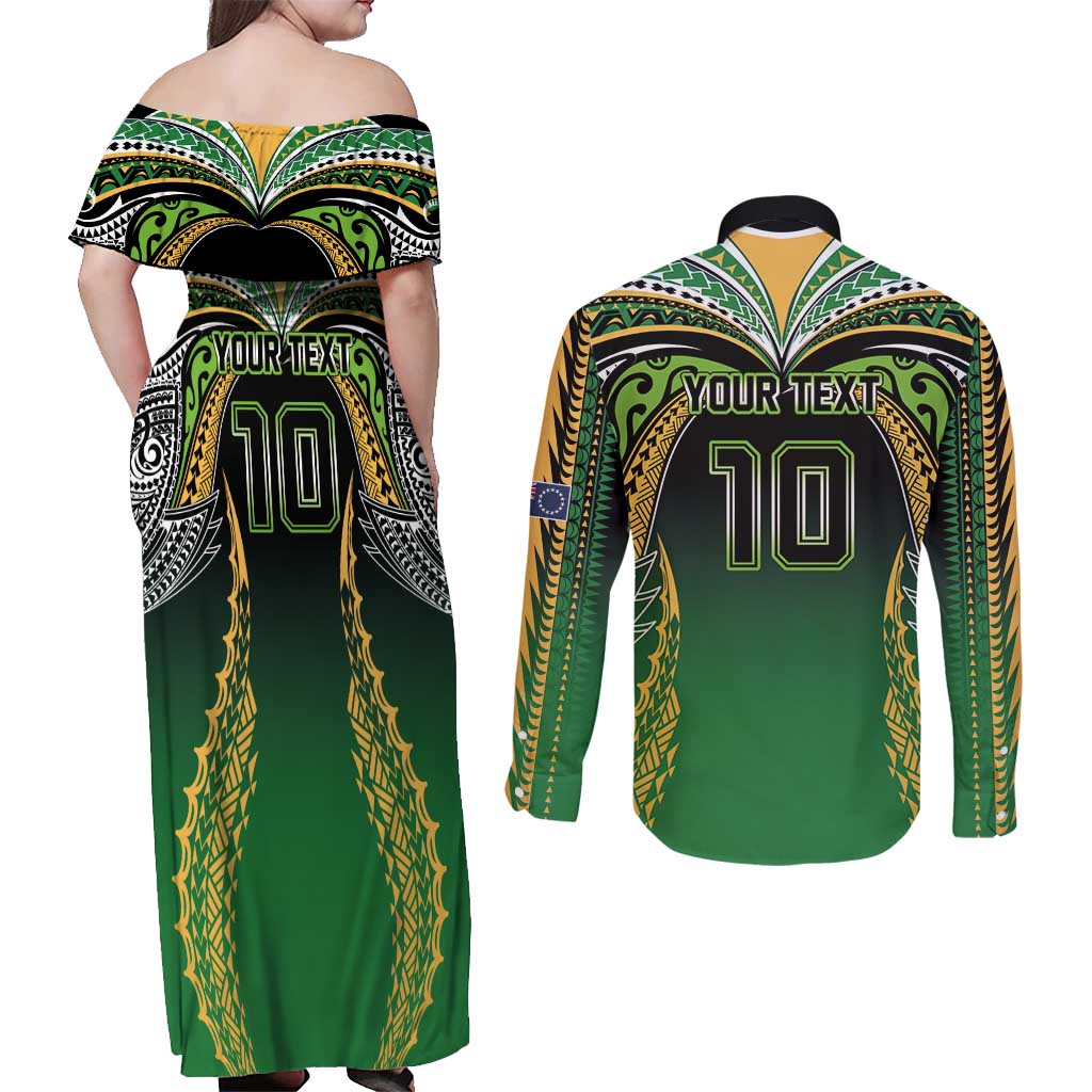 Custom Cook Islands Rugby League Couples Matching Off Shoulder Maxi Dress and Long Sleeve Button Shirt Avaiki Tatau Tribal Motifs Black Color - Polynesian Pride