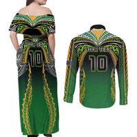 Custom Cook Islands Rugby League Couples Matching Off Shoulder Maxi Dress and Long Sleeve Button Shirt Avaiki Tatau Tribal Motifs Black Color - Polynesian Pride
