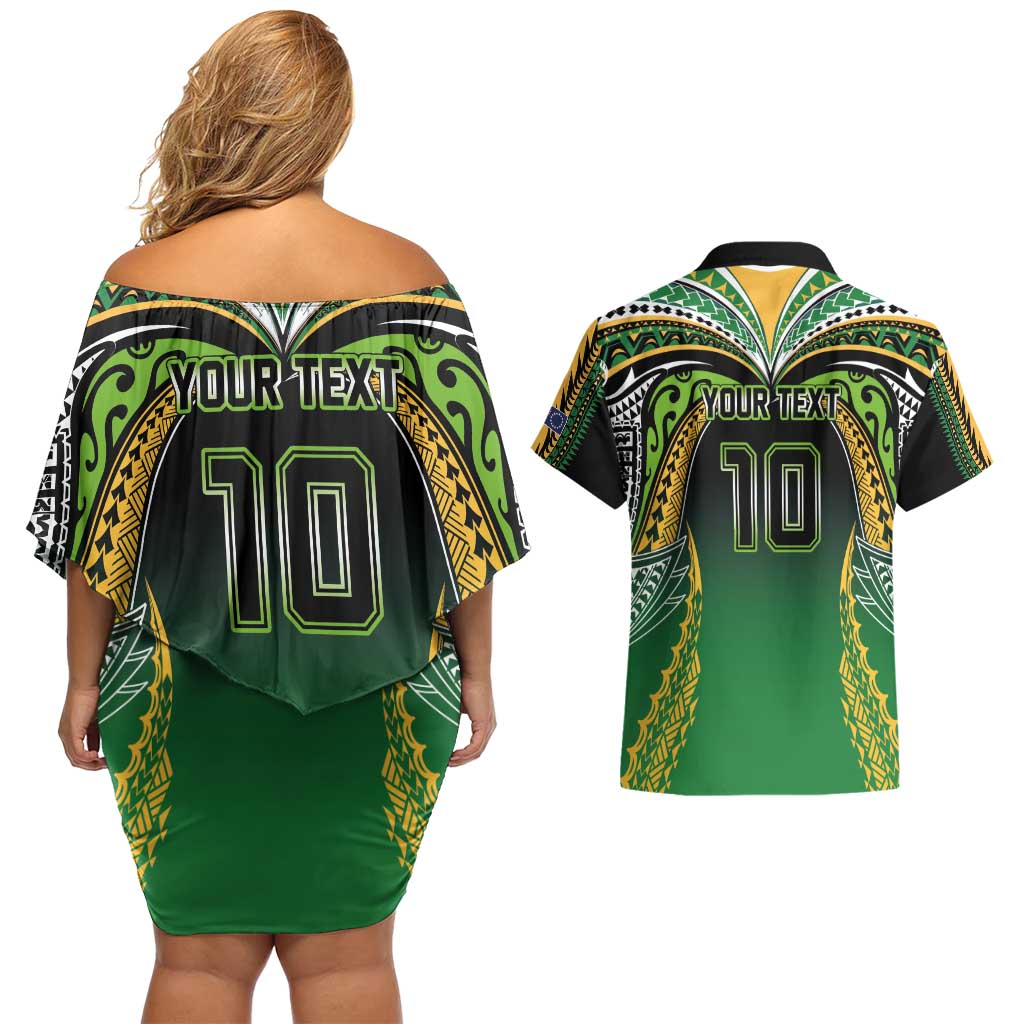 Custom Cook Islands Rugby League Couples Matching Off Shoulder Short Dress and Hawaiian Shirt Avaiki Tatau Tribal Motifs Black Color - Polynesian Pride