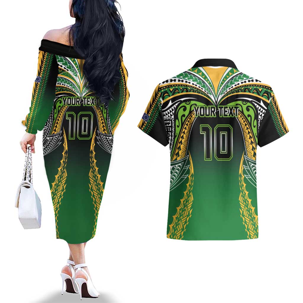 Custom Cook Islands Rugby League Couples Matching Off The Shoulder Long Sleeve Dress and Hawaiian Shirt Avaiki Tatau Tribal Motifs Black Color - Polynesian Pride