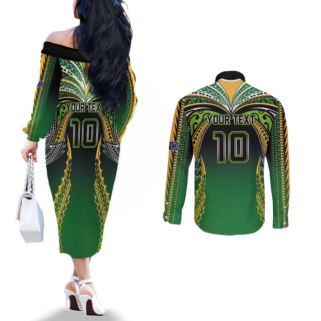 Custom Cook Islands Rugby League Couples Matching Off The Shoulder Long Sleeve Dress and Long Sleeve Button Shirt Avaiki Tatau Tribal Motifs Black Color - Polynesian Pride