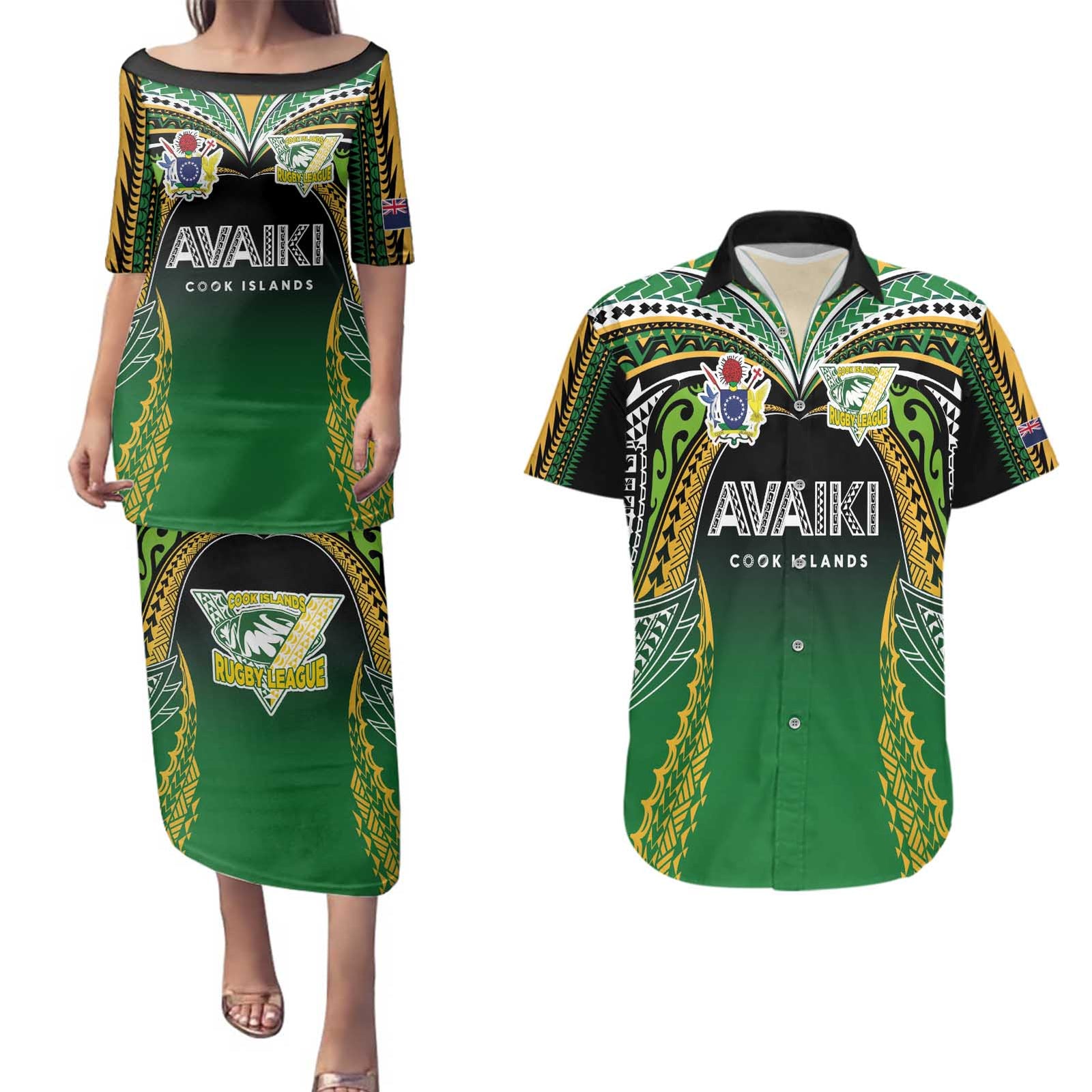 Custom Cook Islands Rugby League Couples Matching Puletasi and Hawaiian Shirt Avaiki Tatau Tribal Motifs Black Color - Polynesian Pride