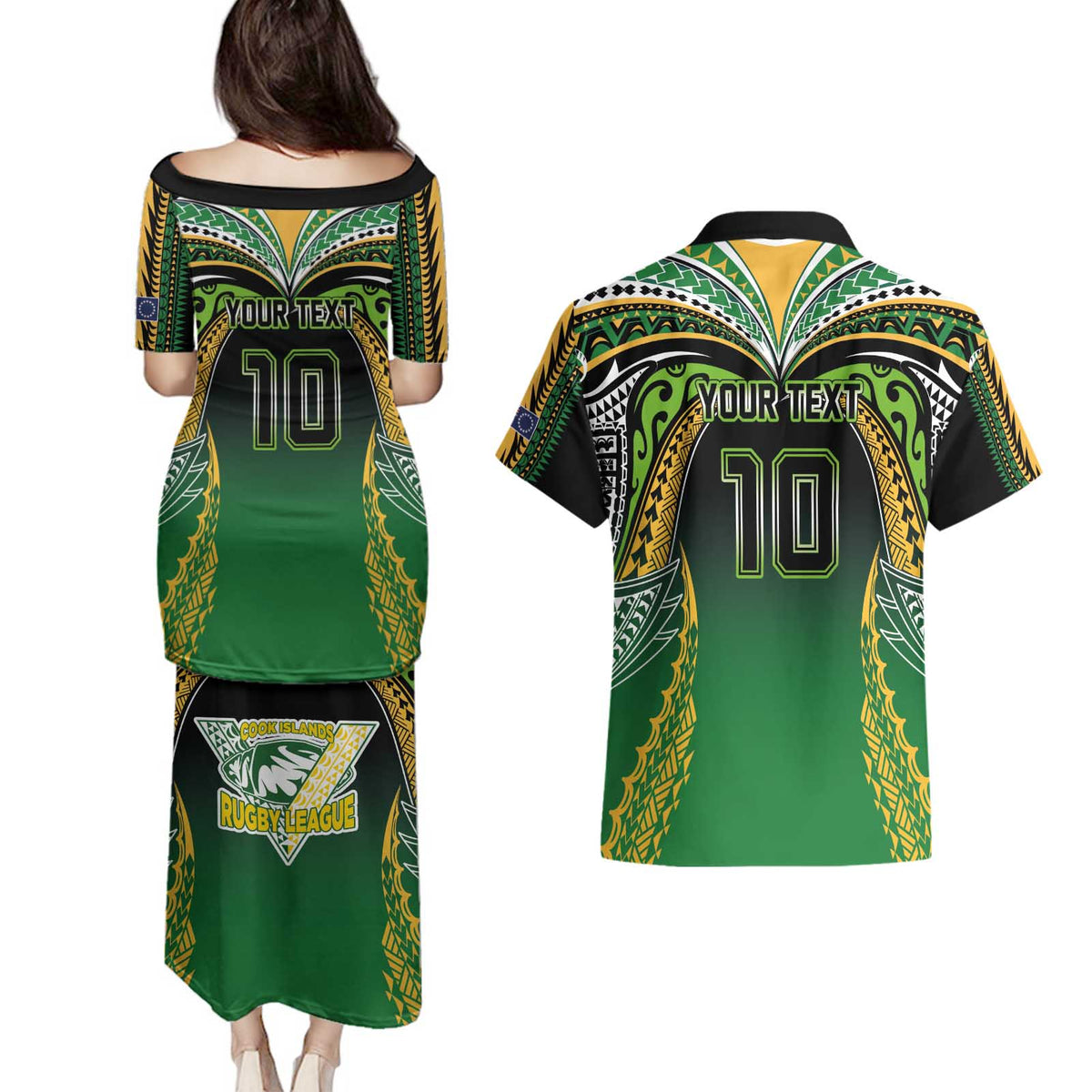 Custom Cook Islands Rugby League Couples Matching Puletasi and Hawaiian Shirt Avaiki Tatau Tribal Motifs Black Color - Polynesian Pride