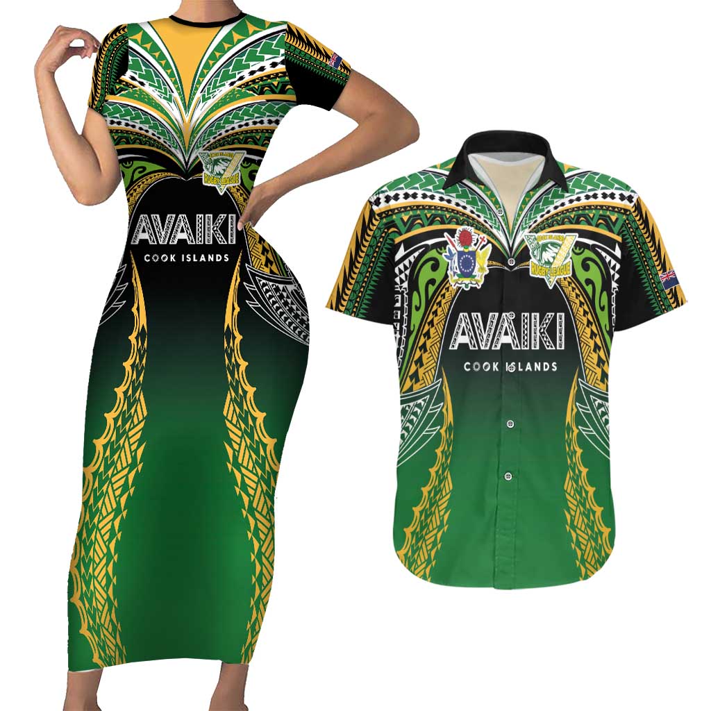 Custom Cook Islands Rugby League Couples Matching Short Sleeve Bodycon Dress and Hawaiian Shirt Avaiki Tatau Tribal Motifs Black Color - Polynesian Pride