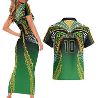 Custom Cook Islands Rugby League Couples Matching Short Sleeve Bodycon Dress and Hawaiian Shirt Avaiki Tatau Tribal Motifs Black Color - Polynesian Pride
