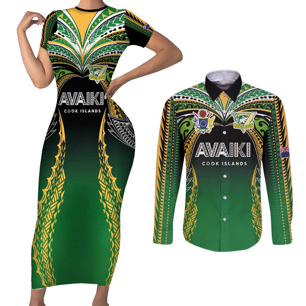 Custom Cook Islands Rugby League Couples Matching Short Sleeve Bodycon Dress and Long Sleeve Button Shirt Avaiki Tatau Tribal Motifs Black Color - Polynesian Pride