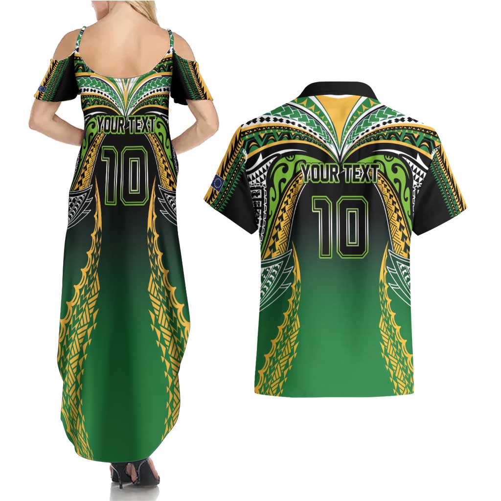 Custom Cook Islands Rugby League Couples Matching Summer Maxi Dress and Hawaiian Shirt Avaiki Tatau Tribal Motifs Black Color - Polynesian Pride