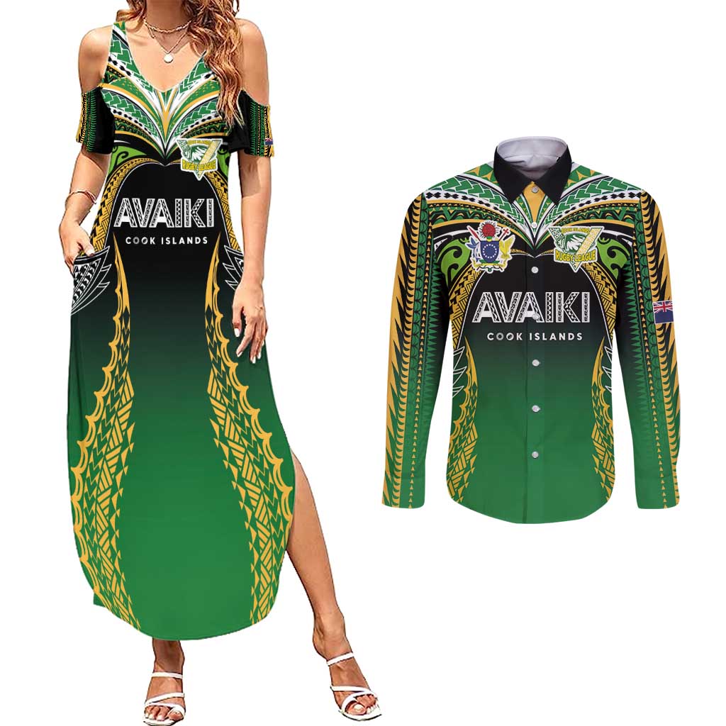 Custom Cook Islands Rugby League Couples Matching Summer Maxi Dress and Long Sleeve Button Shirt Avaiki Tatau Tribal Motifs Black Color - Polynesian Pride