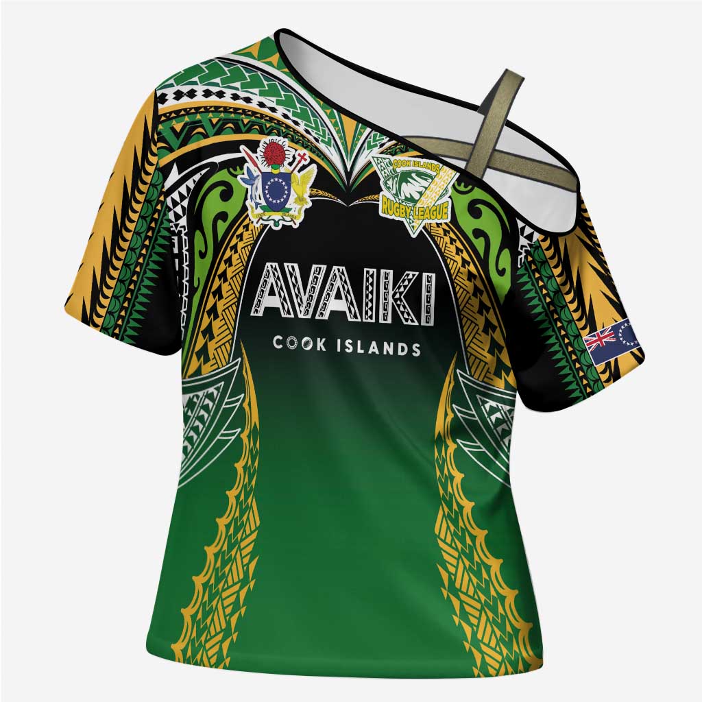 Custom Cook Islands Rugby League Cross Shoulder Shirt Avaiki Tatau Tribal Motifs Black Color - Polynesian Pride