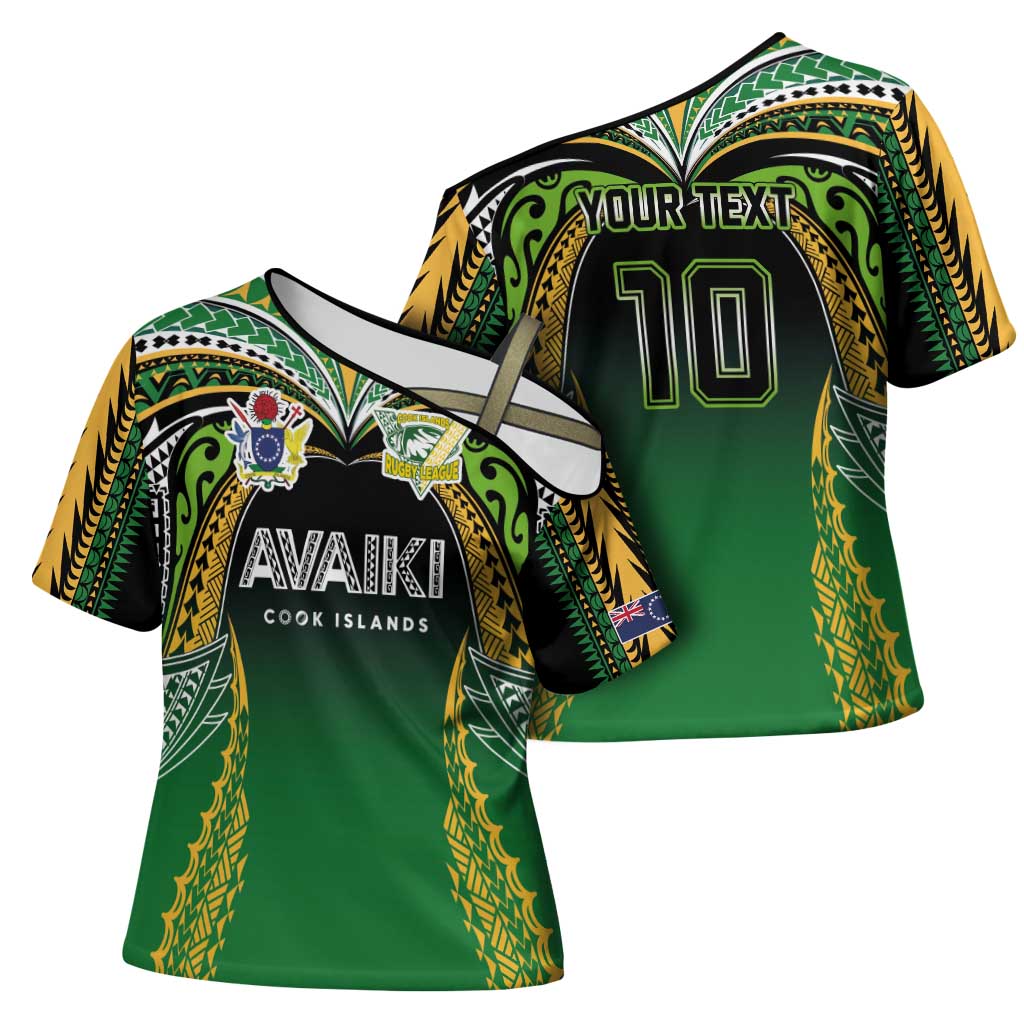 Custom Cook Islands Rugby League Cross Shoulder Shirt Avaiki Tatau Tribal Motifs Black Color - Polynesian Pride