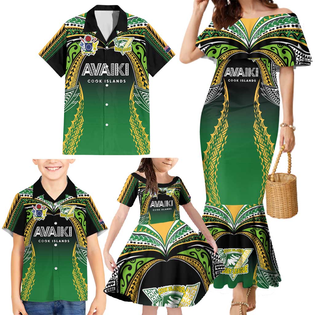 Custom Cook Islands Rugby League Family Matching Mermaid Dress and Hawaiian Shirt Avaiki Tatau Tribal Motifs Black Color - Polynesian Pride