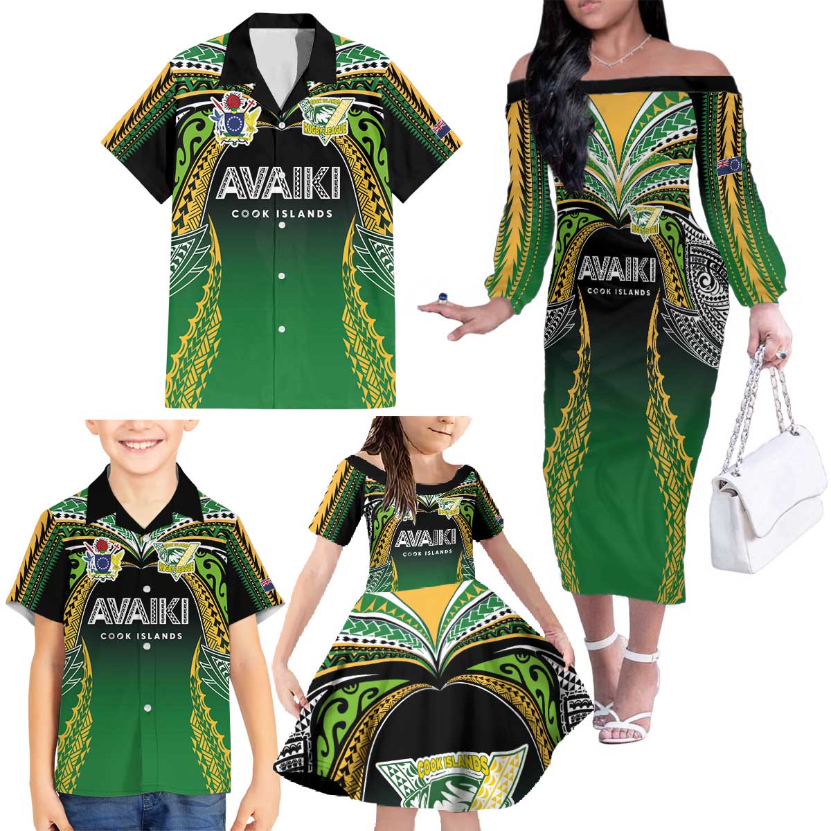 Custom Cook Islands Rugby League Family Matching Off The Shoulder Long Sleeve Dress and Hawaiian Shirt Avaiki Tatau Tribal Motifs Black Color - Polynesian Pride
