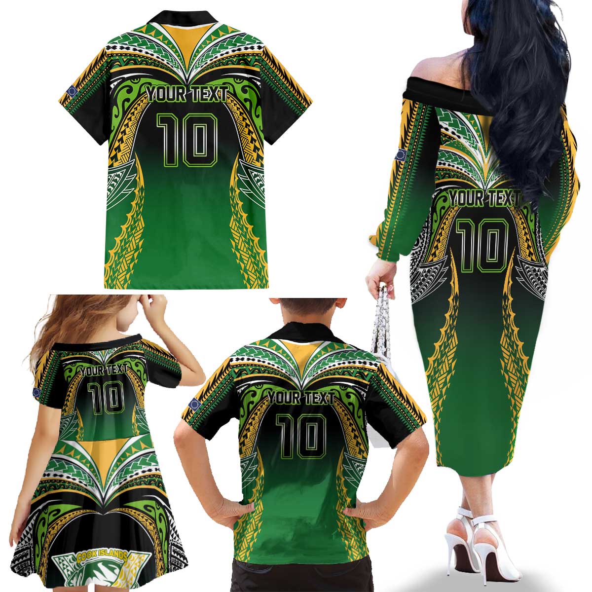 Custom Cook Islands Rugby League Family Matching Off The Shoulder Long Sleeve Dress and Hawaiian Shirt Avaiki Tatau Tribal Motifs Black Color - Polynesian Pride