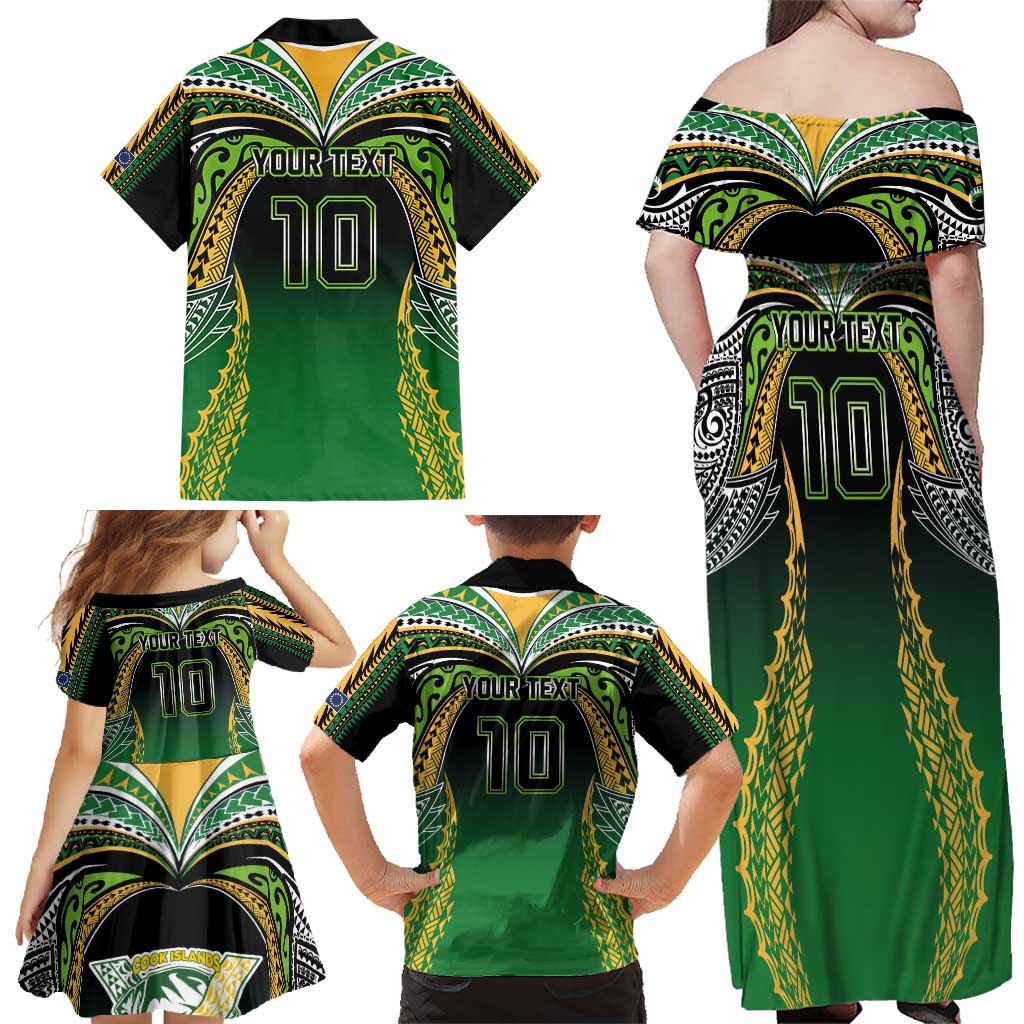 Custom Cook Islands Rugby League Family Matching Off Shoulder Maxi Dress and Hawaiian Shirt Avaiki Tatau Tribal Motifs Black Color - Polynesian Pride